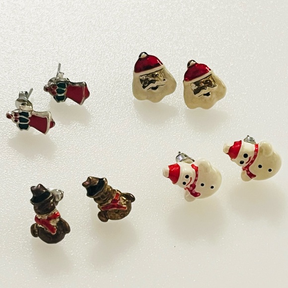 Four Sets Vintage Christmas Earring Stud Sets Santa Bell SnowmanHoliday Jewelry - Picture 16 of 16
